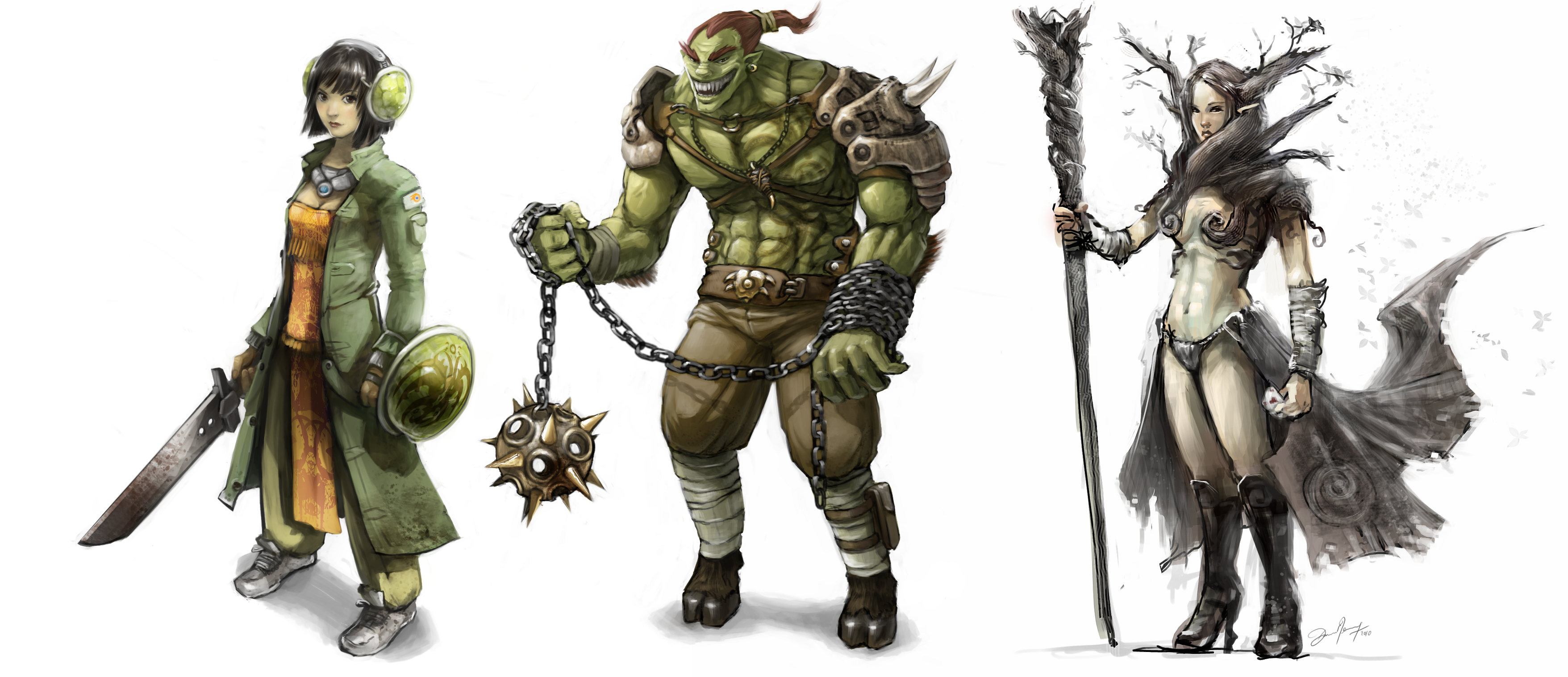 Three distinct fantasy character illustrations demonstrating differences in silhouette, costume, and color direction
