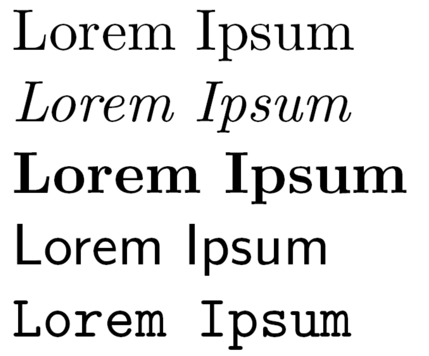 Typography specimen comparing serif, italic, bold, and sans-serif font styles using the same sample text.